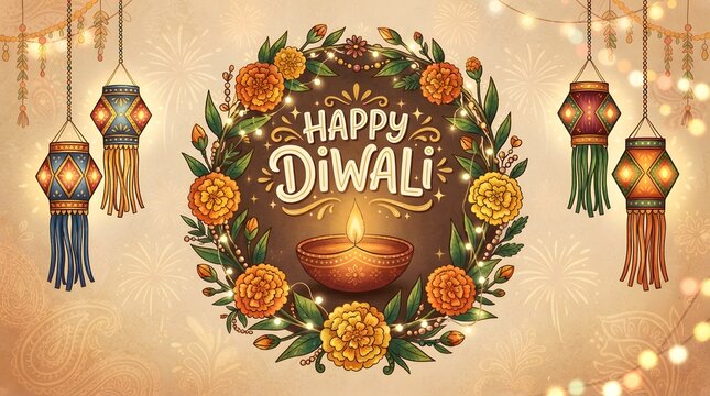 Happy diwali greeting card with traditional diya lamp, marigold flower wreath, and decorative lanterns