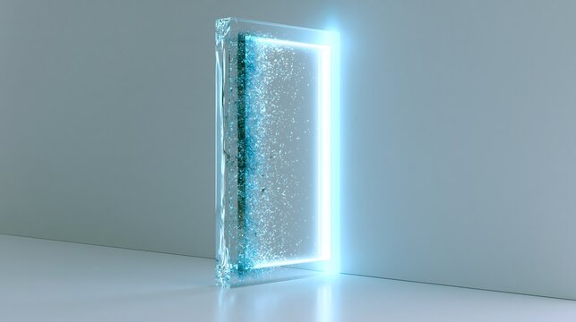 Conceptual glowing glass portal door on bright studio wall with copy space
