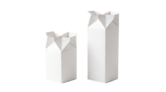 Minimalist white milk carton mockup, blank paper juice boxes for branding, clean dairy packaging containers in two sizes isolated PNG with Transparent Background