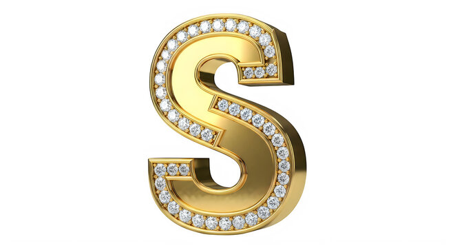 Glossy gold letter S with embedded clear gemstones isolated image transparent background