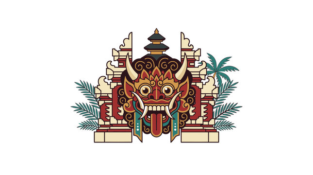 Rangda mask stands prominently before a stone temple structure framed by lush tropical foliage.