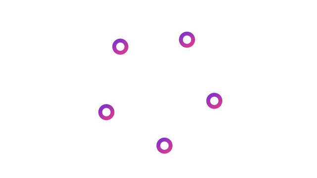 Five flat violet to pink gradient ring shaped nodes orbit slowly around a shared center point each trailing a soft glowing connector arc behind its motion path