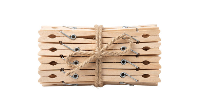 Natural wooden clothespins bundle tied with jute twine, eco-friendly laundry pegs set, rustic timber clothes pins for drying isolated PNG with Transparent Background