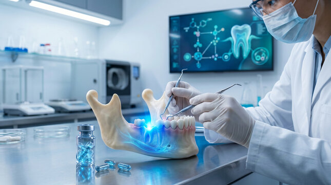 Scientist in the laboratory: dental regeneration using experimental therapy in the research phase.