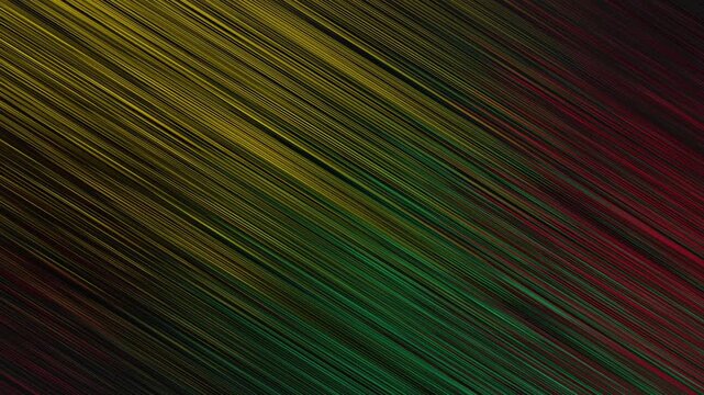 Abstract animation background with diagonal lines in red, yellow and green colors on black backdrop