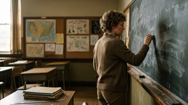 Teacher writing educational content or lessons on a blackboard while conducting a classroom instruction session