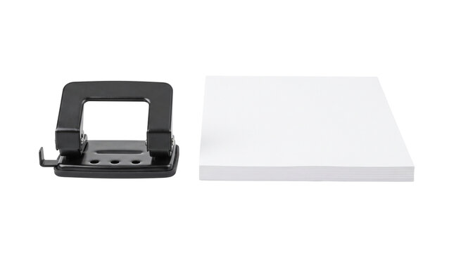 Black metal hole puncher and stack of white paper, professional office stationery set, manual paper punch for document filing isolated PNG with Transparent Background