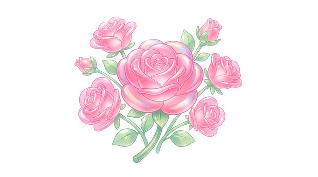 Pastel pink glass roses, glossy crystal flower bouquet with green leaves. Elegant floral arrangement for romantic wedding decor. isolated PNG with Transparent Background