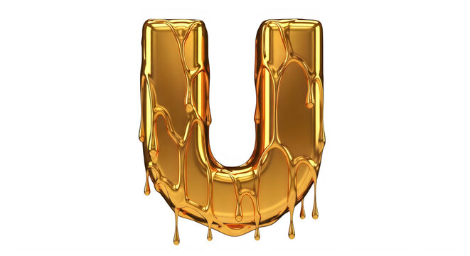 Golden shiny letter U with dripping paint effect isolated image transparent background