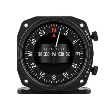 Modern aircraft navigation compass with clear markings and needle pointing north
