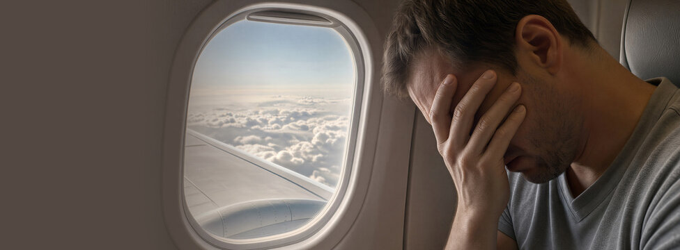 Stressed man suffering from aerophobia during flight. Passenger experiencing panic attack and anxiety inside airplane near window. Banner with copy space
