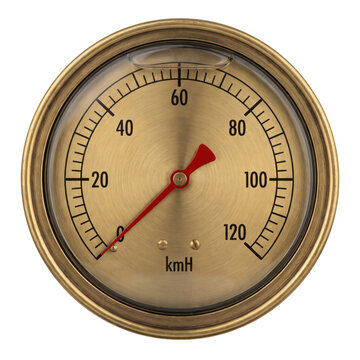 Vintage brass speedometer gauge with red needle and kmh markings