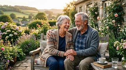 Fototapeta premium Happy senior couple laughing together on a garden bench during golden hour, enjoying retirement and romance in a lush countryside setting.