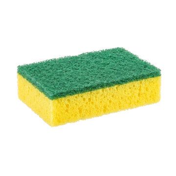 Yellow and green dual-sided kitchen sponge for scrubbing and cleaning dishes
