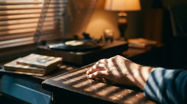 Elderly hand resting on rustic wooden table in sunlit room with record player, reflecting nostalgia, peaceful memory, and warmth.