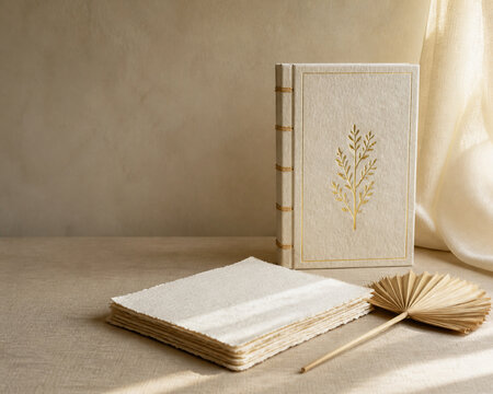 Handcrafted cotton paper journal with stack of handmade paper and dried palm leaf, artisan stationery and journaling theme