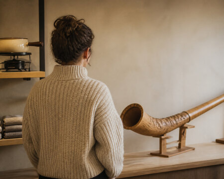 Person in chunky knit sweater beside carved wooden alphorn and fondue pot, alpine lifestyle display concept