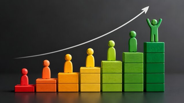 Colorful human figures on matching growing block steps with an upward white arrow on dark background. Concept of financial market recovery and corporate employee progression.