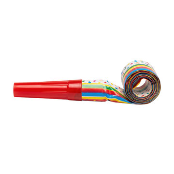 Colorful party blower with red mouthpiece and rolled paper streamer