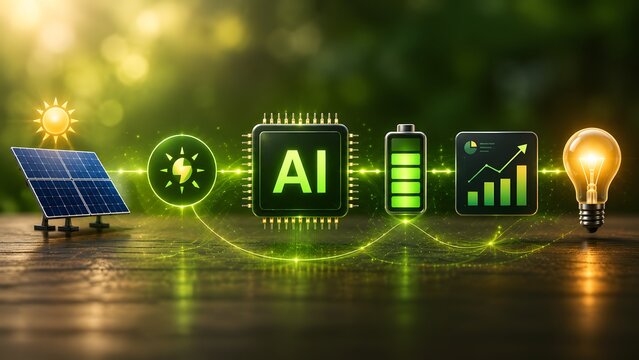 Glowing AI microchip connected to solar panel and battery on desk. Concept of sustainable energy optimization and environmental technology.