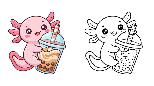 Cute kawaii axolotl boba tea kids coloring page vector