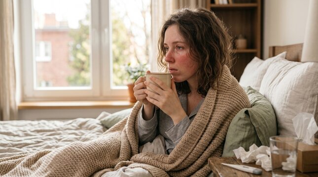 Sick young woman resting in bed while drinking hot tea and recovering from a cold illness