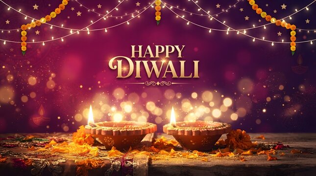 Happy diwali greeting card with glowing diyas and marigold flowers