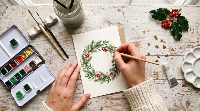 Artist hand painting a festive christmas wreath on watercolor paper, showing creative hobby and winter holiday craft preparation for greeting cards.