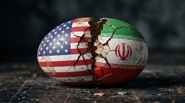 Broken eggshell displaying two distinct national flag patterns representing geopolitical tension with resting dark distressed table surface