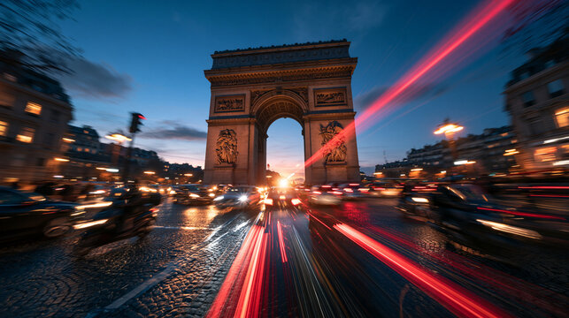 Arc de Triomphe Paris Traffic and Light Trails at Night