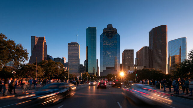 Downtown Houston Skyline at Sunset with Traffic Motion