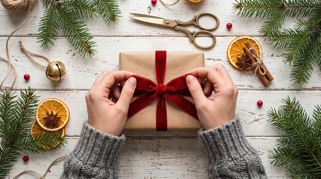 Hands tying a red velvet ribbon on a gift box, demonstrating holiday gift preparation and creative Christmas wrapping on a rustic wooden table.
