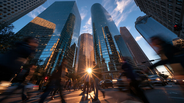 Modern Skyscrapers in Financial District with Motion Blur Commuters