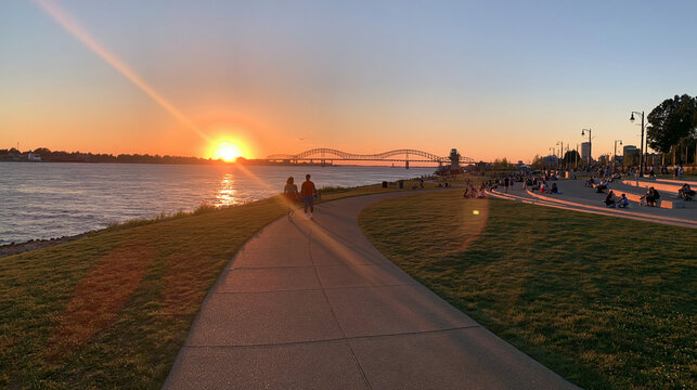 Riverfront Park Promenade with Bridge at Sunset