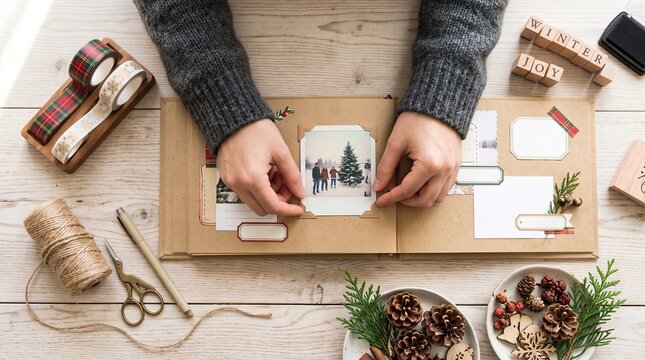 Person placing a vintage photo inside a scrapbook on a wooden table, featuring holiday decorations and the words Winter Joy for nostalgic seasonal memory keeping.