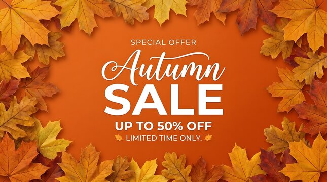 Autumn sale promotional banner featuring a decorative border of colorful fall maple leaves on an orange background