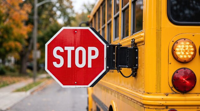 Side view of a bright yellow school bus with a deployed stop sign displaying the word Stop, emphasizing student pedestrian safety and transportation road regulations.
