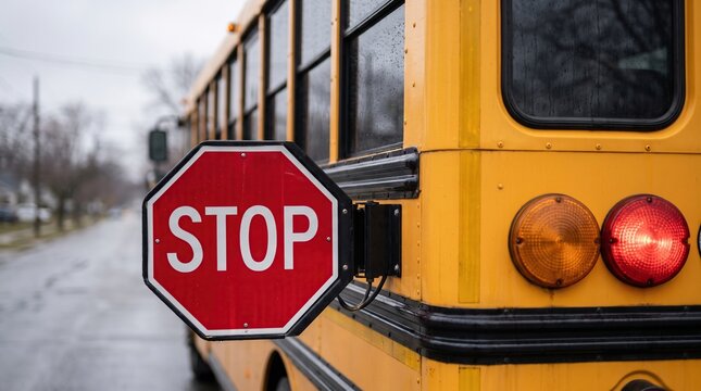 Side view of a bright yellow school bus with a deployed stop sign showing traffic safety protocols and student pedestrian crossing awareness.