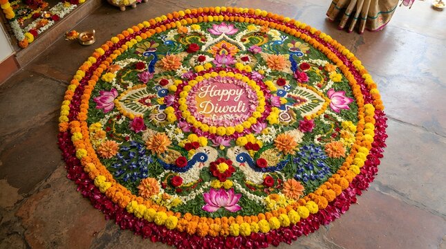 Beautiful floral rangoli design with happy diwali text made of flower petals