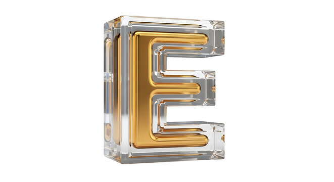 Three dimensional golden letter E with clear crystal edges isolated image transparent background