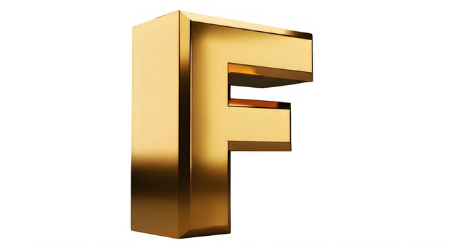 Three dimensional golden metallic letter F isolated on transparent background transparent background