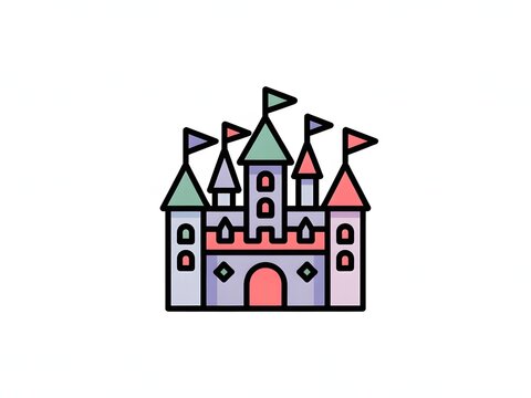 Colorful cartoon castle with flags and towers in a whimsical style