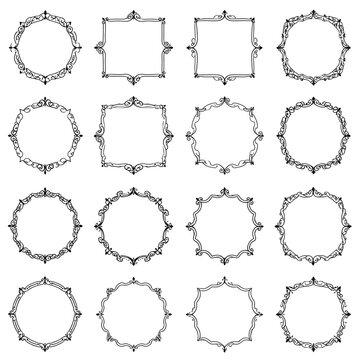 Collection of decorative ornate frames and borders in various circular and square shapes, vintage elements for design