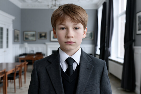 Young boy stands in formal attire inside a room