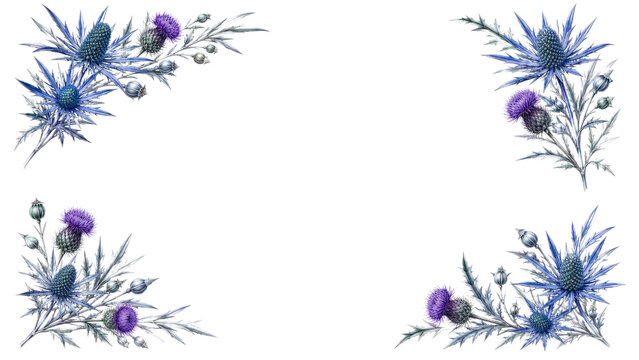 Sea Holly and Thistle Floral Corner Frame with Copy Space