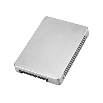 Brushed aluminum external solid state drive on white background