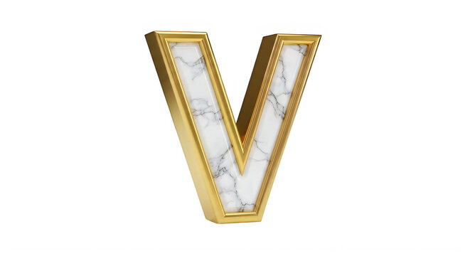 Elegant gold letter V with marble texture isolated design element transparent background