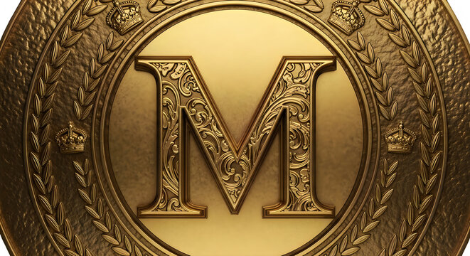 Elegant Gold Emblem Design Featuring Intricate Letter M Surrounded By Crowns And Laurels transparent background
