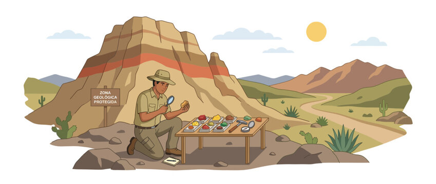 Geologist Studying Rock Samples in a Desert Landscape