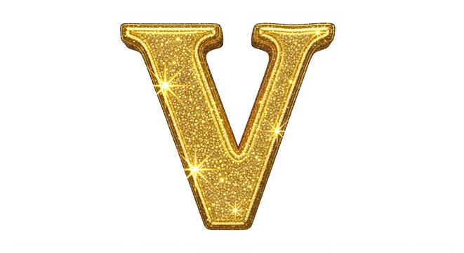 Glossy gold glittery letter V isolated design for creative projects transparent background